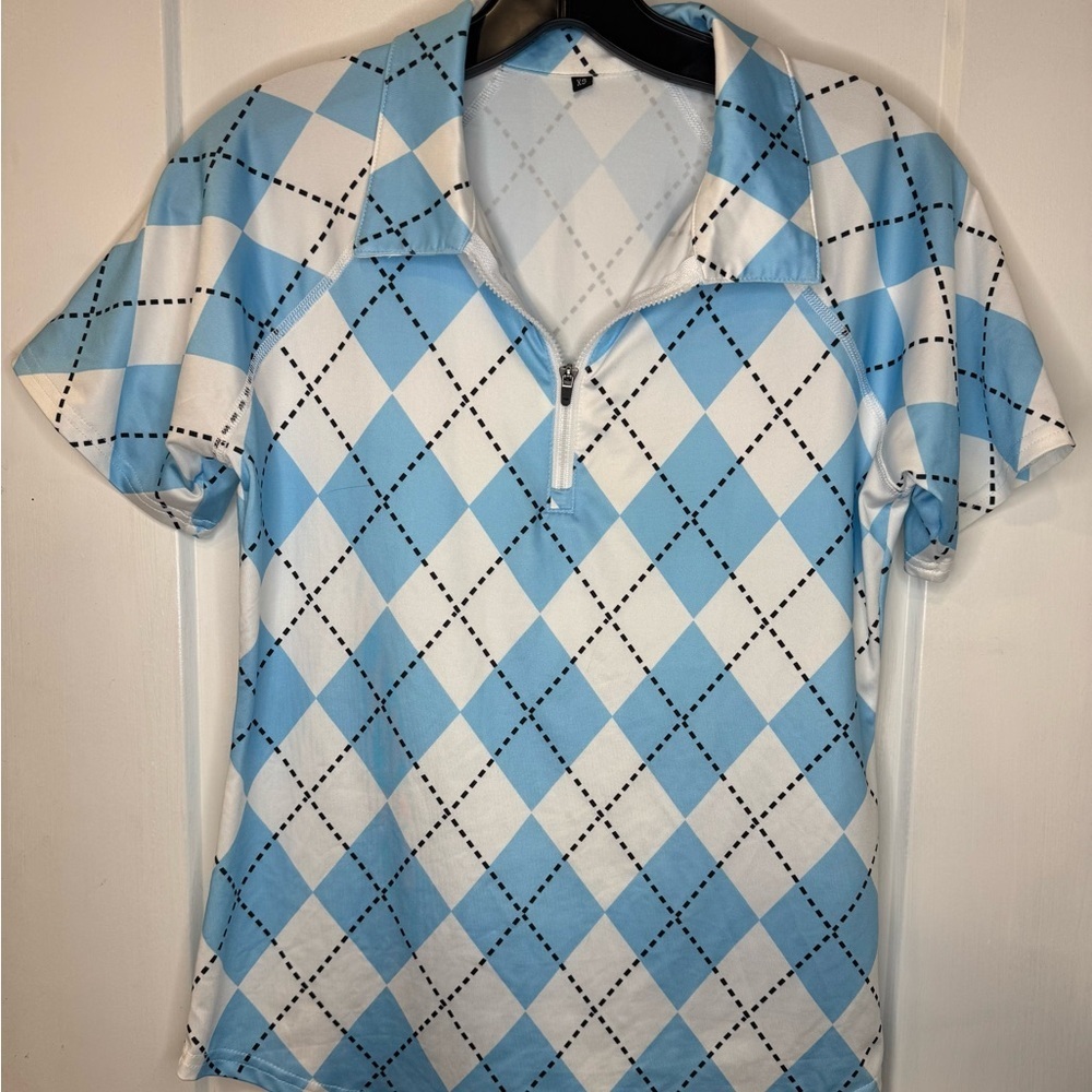 Soneven Blue and White Argyle women’s polo XS F1.4